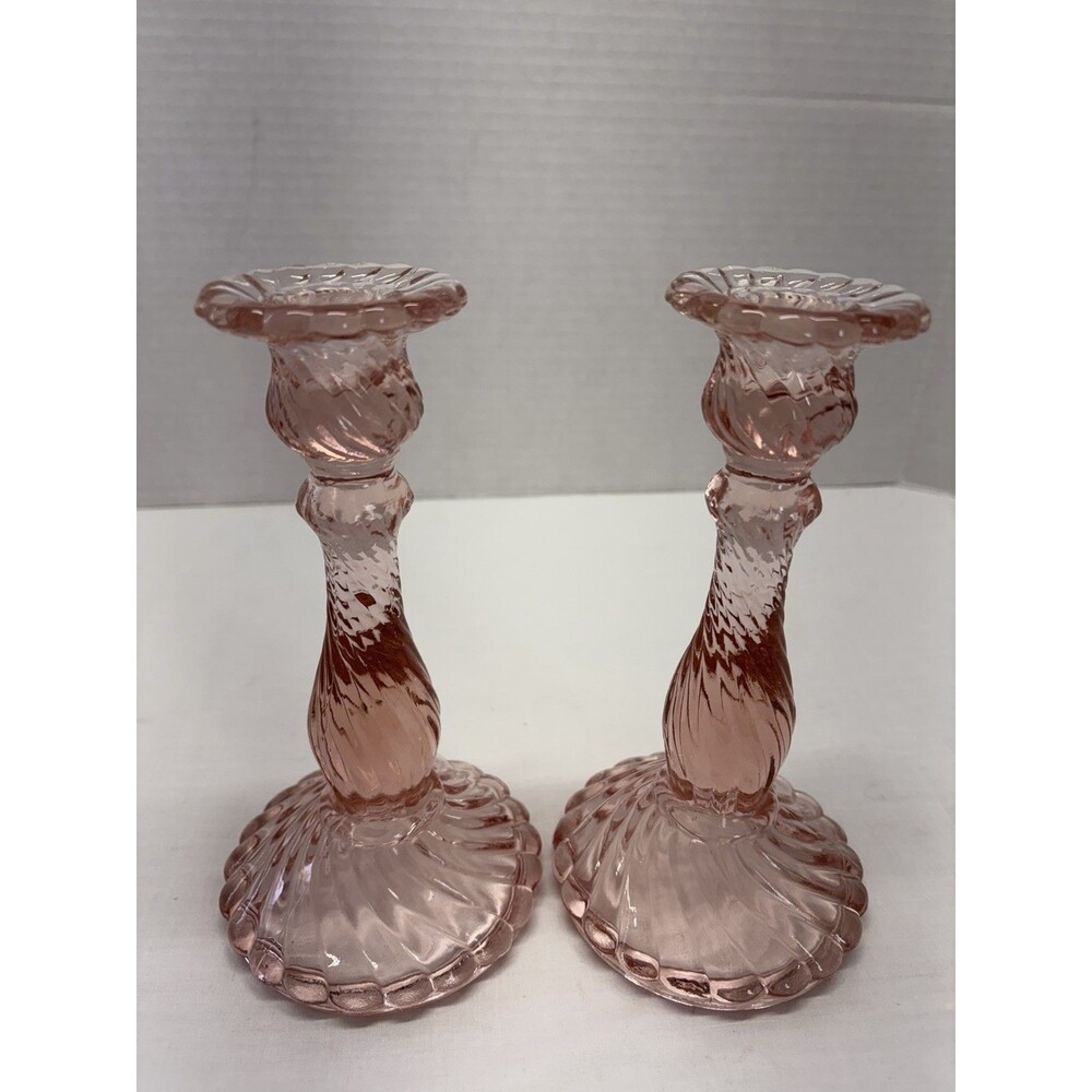 VINTAGE SET 2 - Fostoria PINK Colony Glass Swirl ~ CANDLESTICK HOLDERS - - Picture 4 of 5